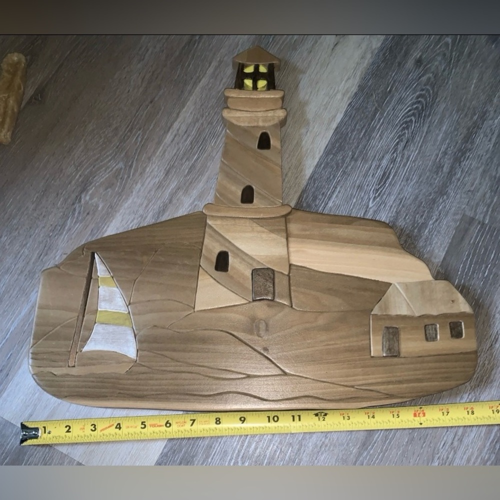 Wooden Lighthouse Sailboat Wall Art Handmade Natural Wood Browns Sculpture
